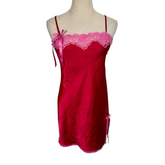 Victoria’s Secret Y2K Satin Lace Bow Babydoll Slip Dress Barbiecore - Picture 2 of 11